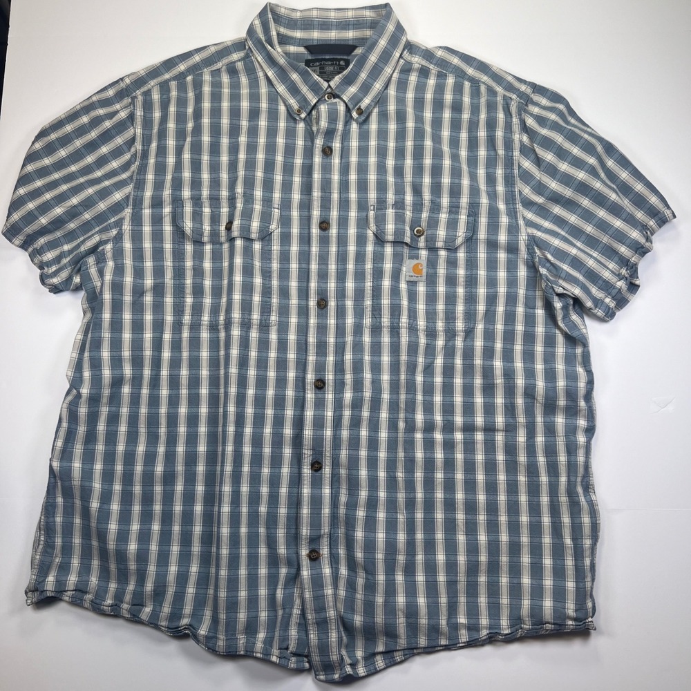Carhartt Button‎ Down Shirt Mens 2XL Blue Plaid Loose Fit Short Sleeve Workwear